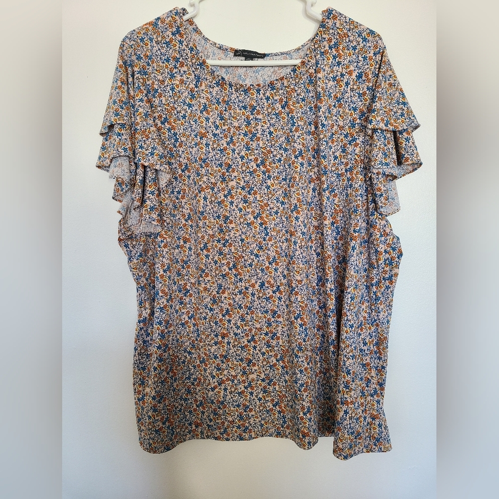 Adrianna Papell Floral Print Flutter Sleeve Blouse Womens Plus Size 3X